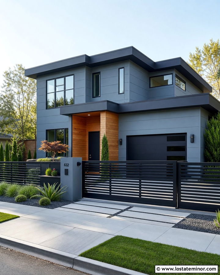 Slate Blue Modern House With Black Slat Fence - 30 Slate Blue House Design With Fence Ideas