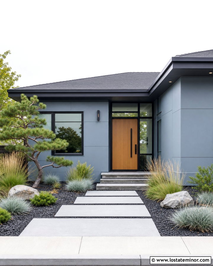 Slate Blue Modern House With Concrete Pavers And Grasses - 30 Slate Blue House Design With Front Yard Ideas