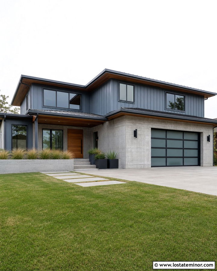 Slate Blue Modern House With Concrete Wainscoting - 30 Slate Blue House Design With Wainscoting Ideas