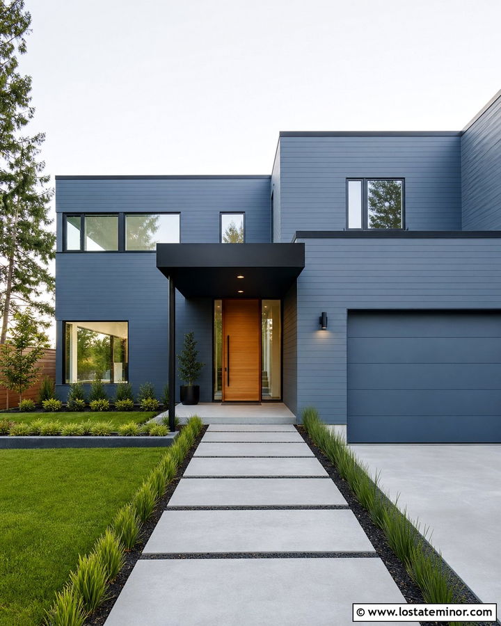 Slate Blue Modern House With Flat Portico - 30 Slate Blue House Design With Portico Ideas