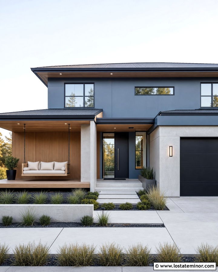 Slate Blue Modern House With Floating Swing - 30 Slate Blue House Design With Swing Ideas