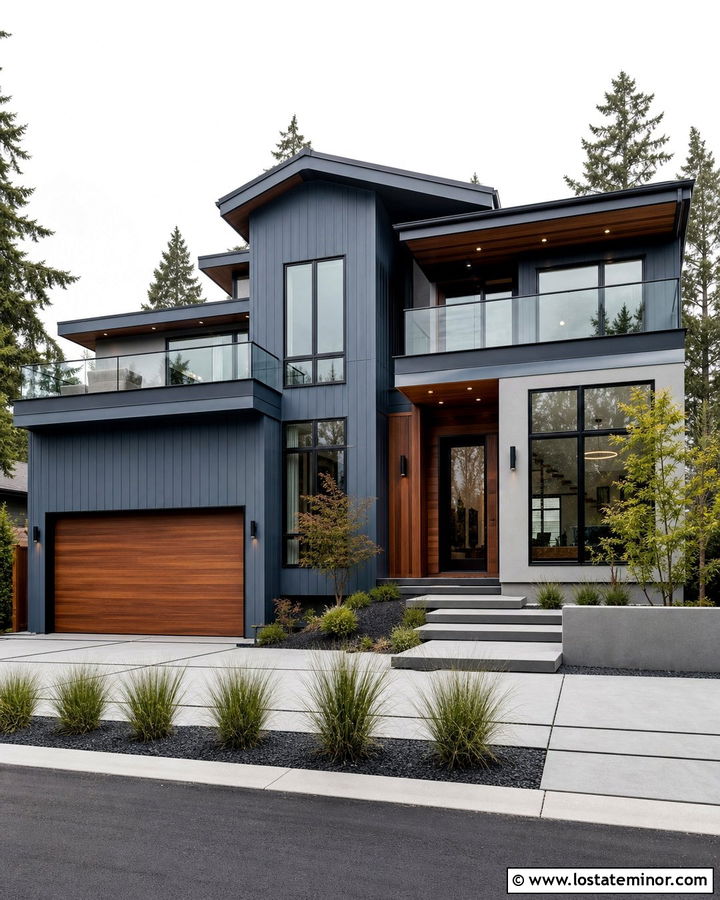 Slate Blue Modern House With Glass Railings - 30 Slate Blue House Design With Railings Ideas