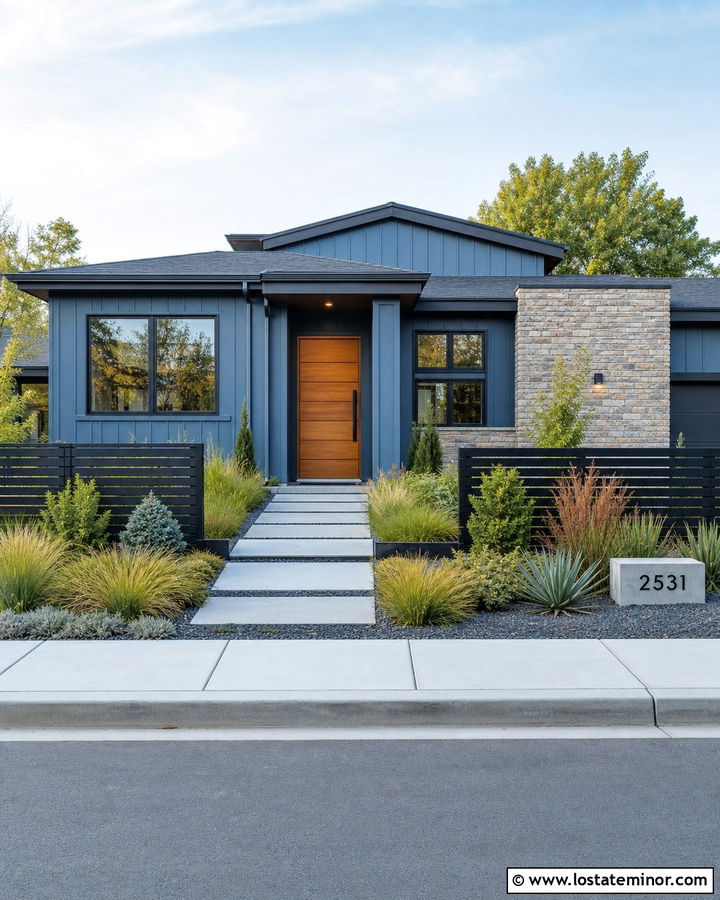 Slate Blue Modern House With Gravel Garden - 30 Slate Blue House Design With Landscaping Ideas