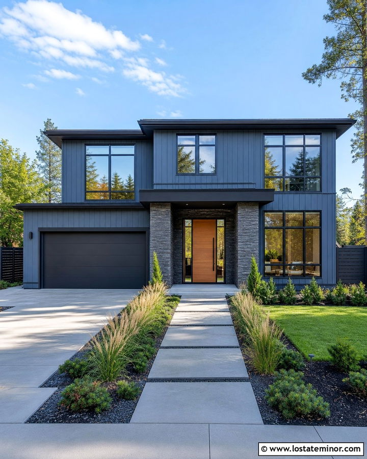 Slate Blue Modern House With Gray Ledgestone - 30 Slate Blue House Design With Stone Accents Ideas