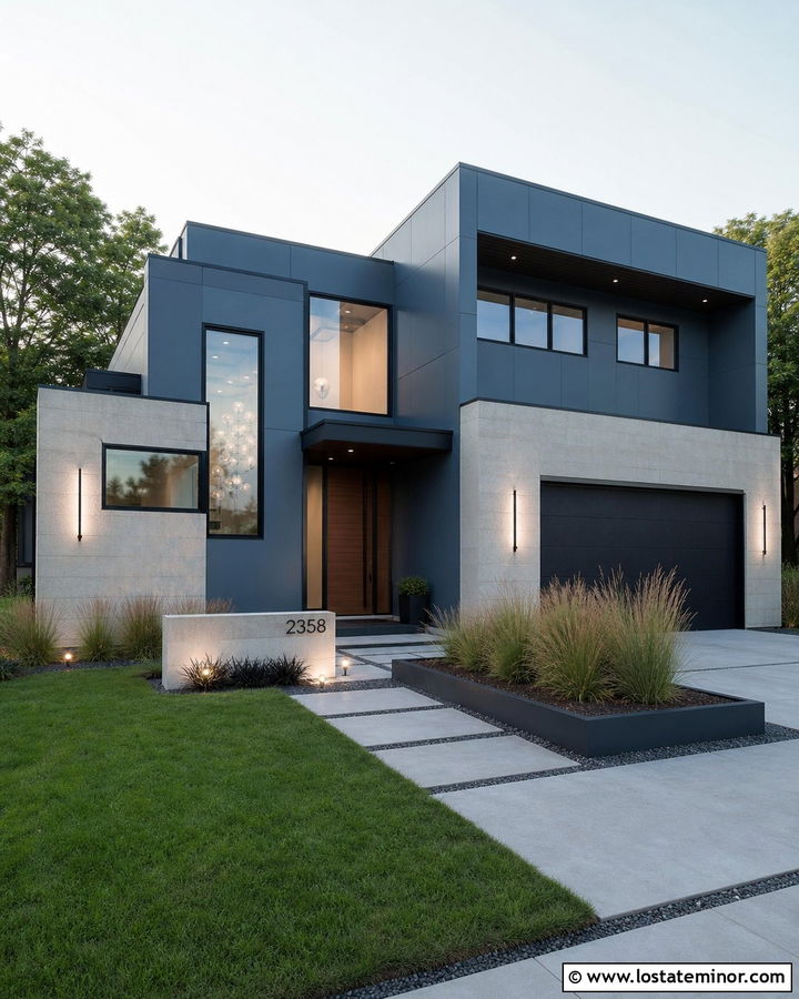 Slate Blue Modern House With Linear LED Lighting - 30 Slate Blue House Design With Lighting Ideas