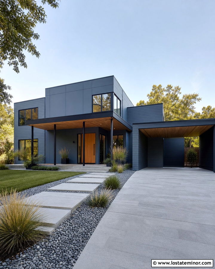 Slate Blue Modern House With Metal Porch Columns - 30 Slate Blue House Design With Porch Columns Ideas