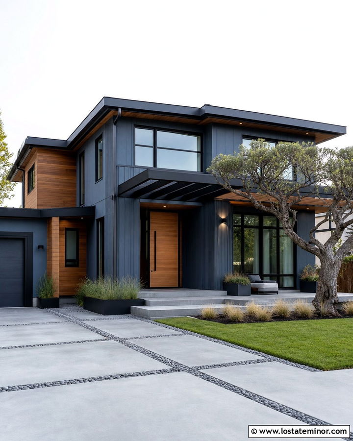 Slate Blue Modern House With Steel Pergola - 30 Slate Blue House Design With Pergola Ideas