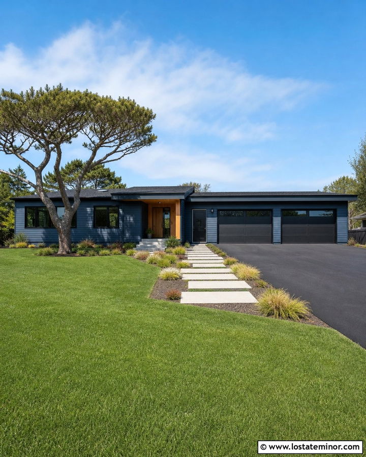 Slate Blue Modern Ranch With Black Asphalt Driveway - 30 Slate Blue House Design With Driveway Ideas