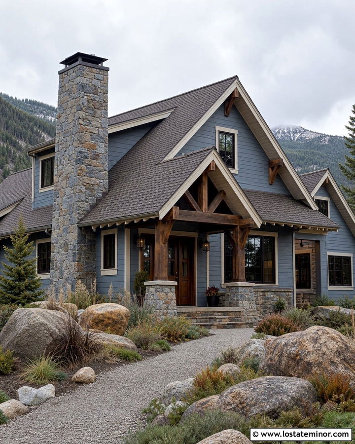 Slate Blue Mountain Cottage With Stone Chimney - 30 Slate Blue House Design With Chimney Ideas