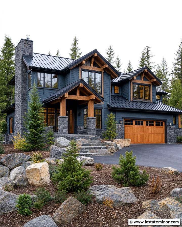 Slate Blue Mountain Home With Charcoal Stone - 30 Slate Blue House Design With Stone Accents Ideas