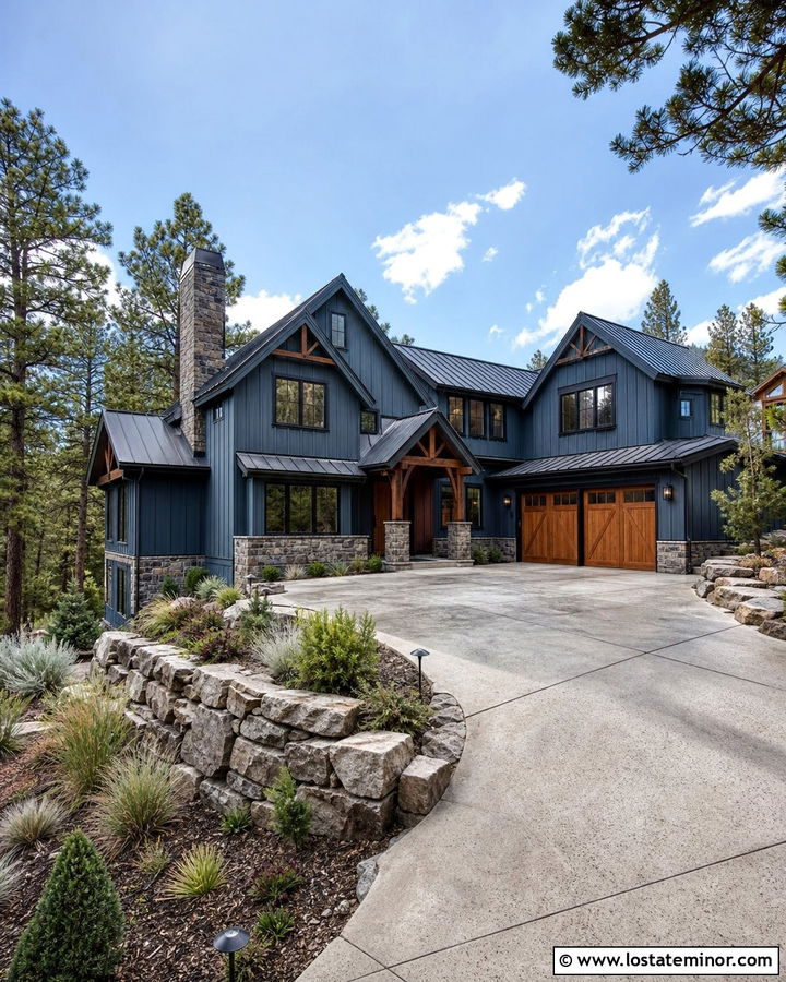 Slate Blue Mountain Home With Sloped Driveway - 30 Slate Blue House Design With Driveway Ideas