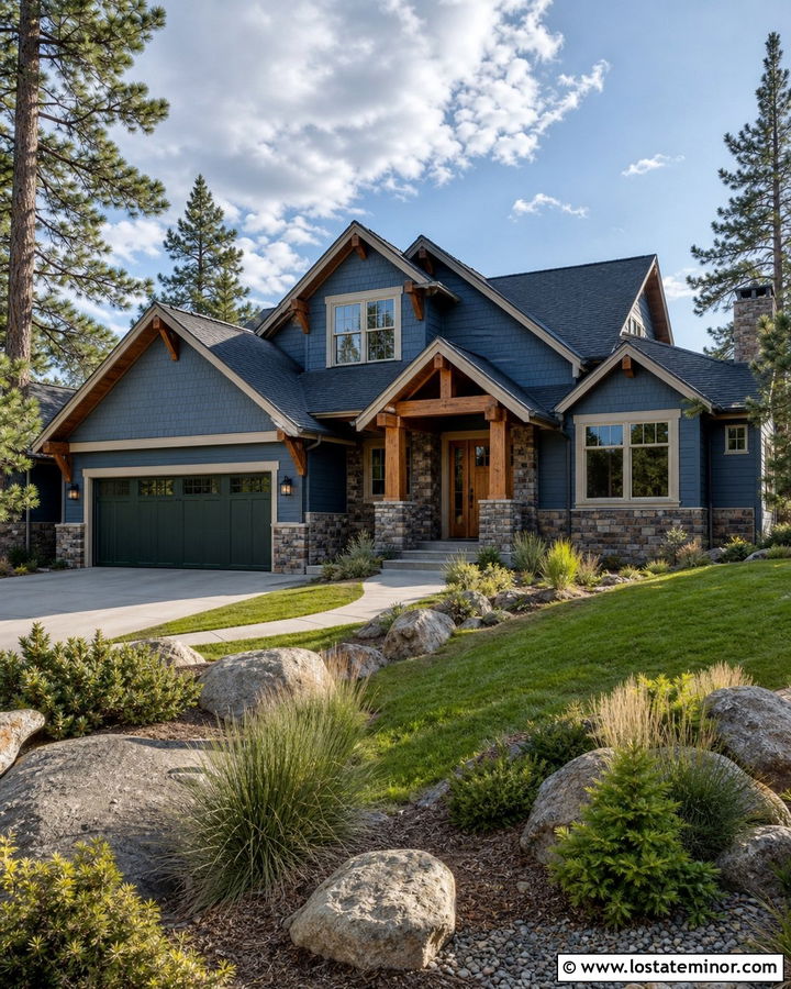 Slate Blue Mountain House With Dark Green Garage Door - 30 Slate Blue House Design With Garage Door Ideas