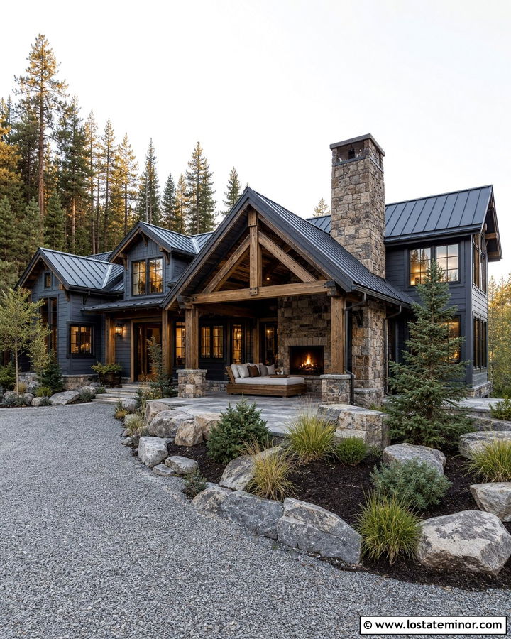 Slate Blue Mountain House With Fireside Daybed - 30 Slate Blue House Design With Daybed Ideas