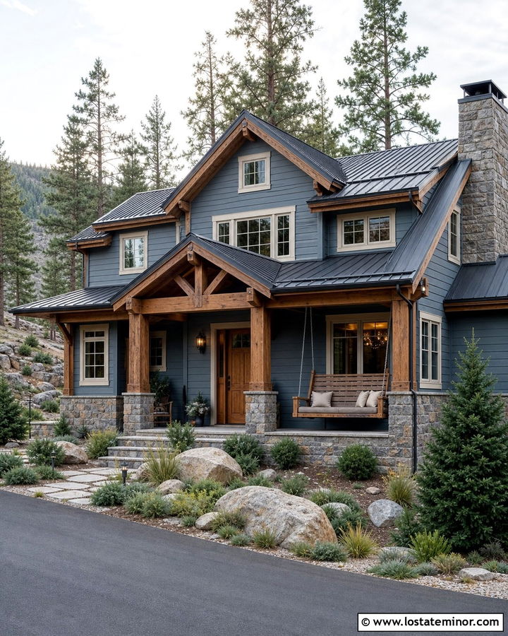 Slate Blue Mountain House With Rustic Swing - 30 Slate Blue House Design With Swing Ideas