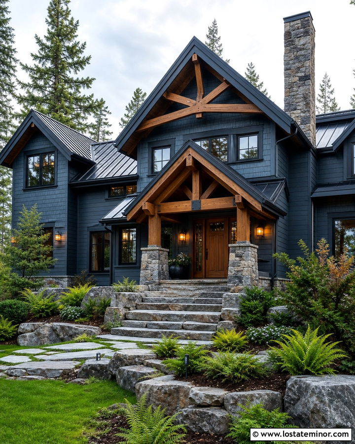 Slate Blue Mountain House With Stone Portico - 30 Slate Blue House Design With Portico Ideas
