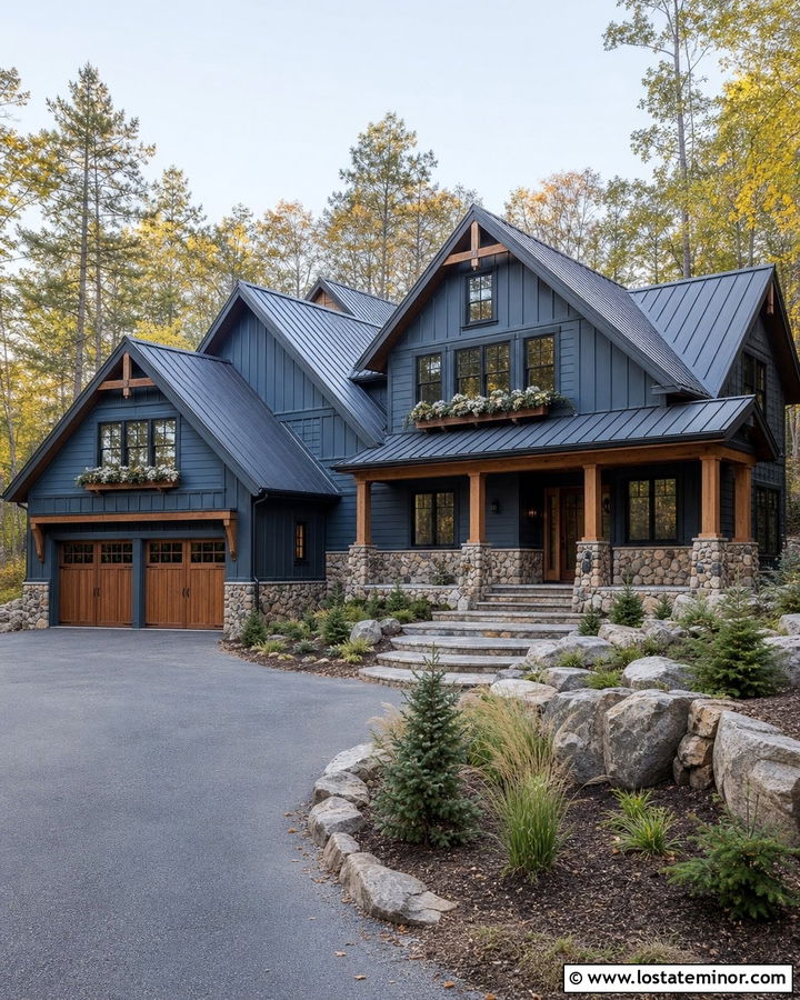 Slate Blue Mountain House With Stone Window Boxes - 30 Slate Blue House Design With Window Boxes Ideas