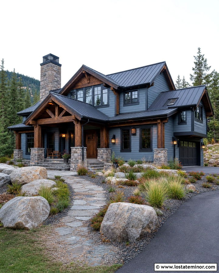 Slate Blue Mountain House With Timber And Stone - 30 Slate Blue House Design With Accents Ideas