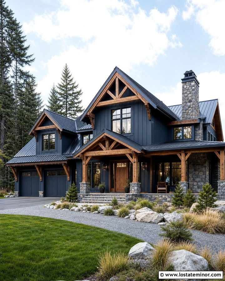 Slate Blue Mountain House With Timber Gables - 30 Slate Blue House Design With Gables Ideas