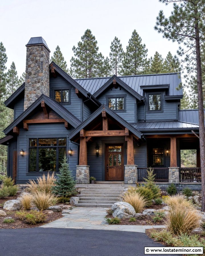 Slate Blue Mountain House With Timber Lighting - 30 Slate Blue House Design With Lighting Ideas