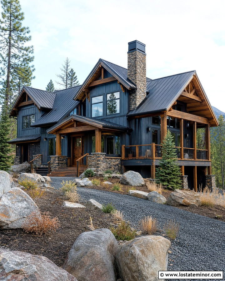 Slate Blue Mountain House With Timber Railings - 30 Slate Blue House Design With Railings Ideas