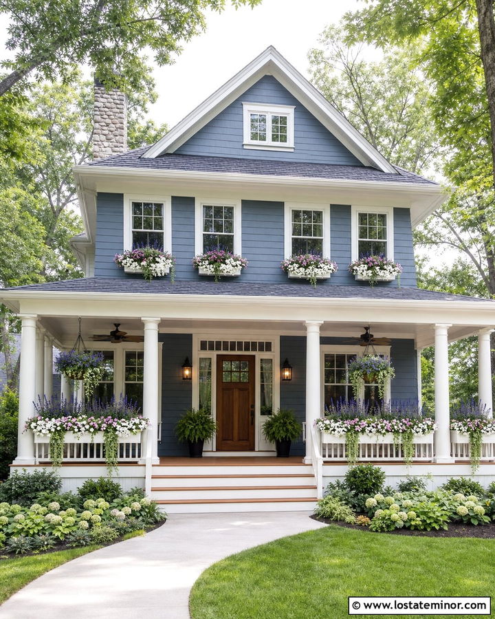 Slate Blue Porch House With Railing Window Boxes - 30 Slate Blue House Design With Window Boxes Ideas