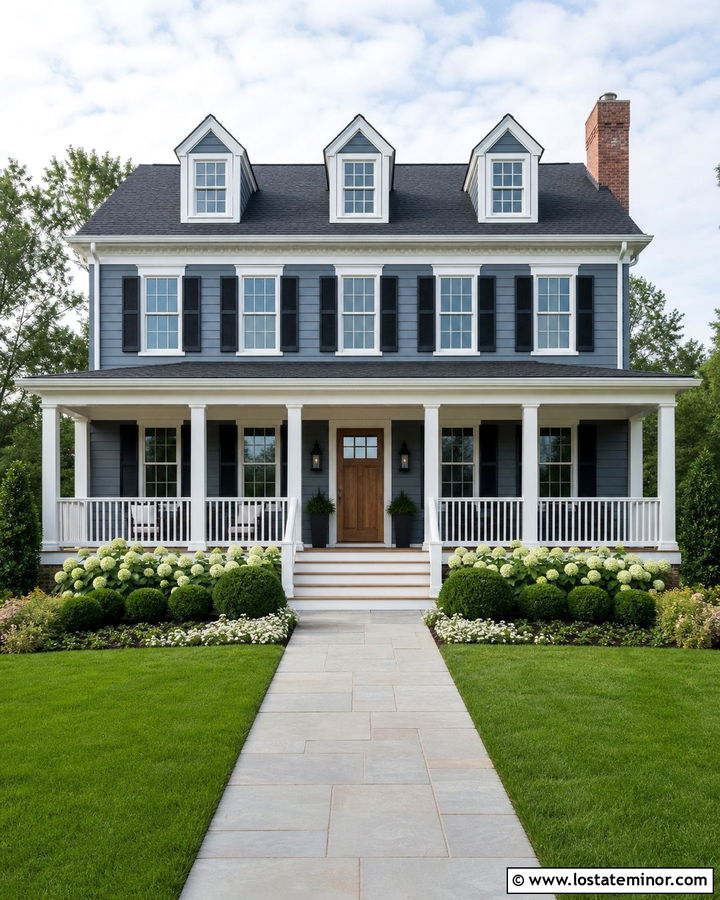 Slate Blue Porch House With White Railings And Layered Shrubs - 30 Slate Blue House Design With Front Yard Ideas