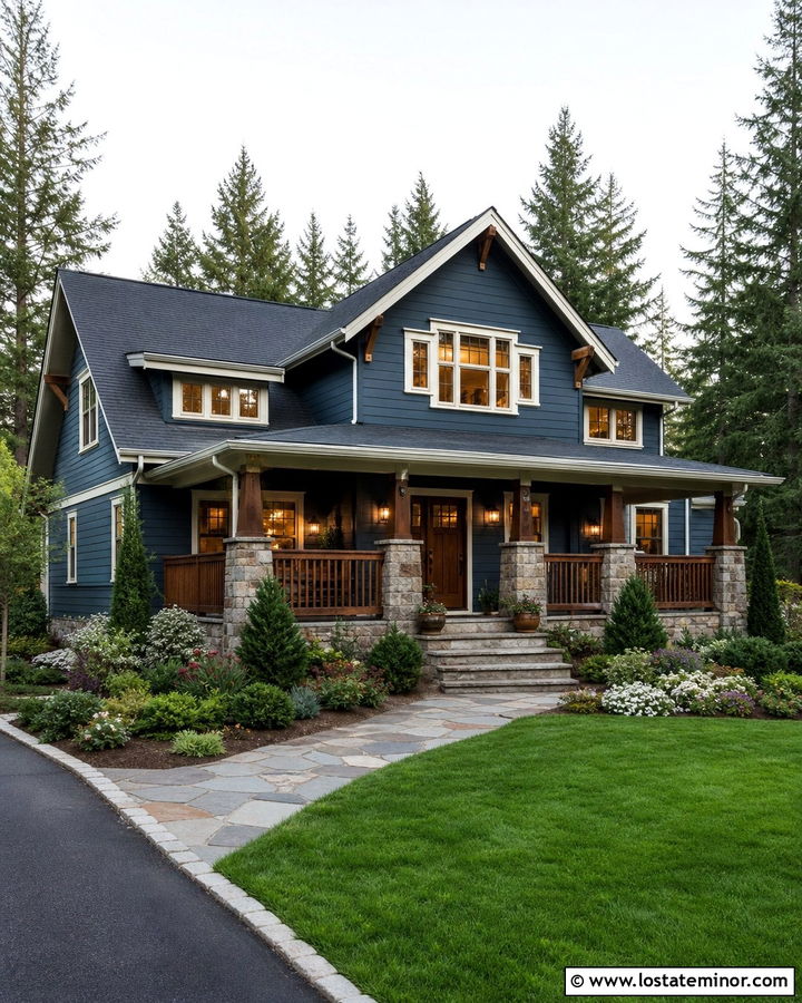Slate Blue Porch With Stone And Wood Railings - 30 Slate Blue House Design With Railings Ideas