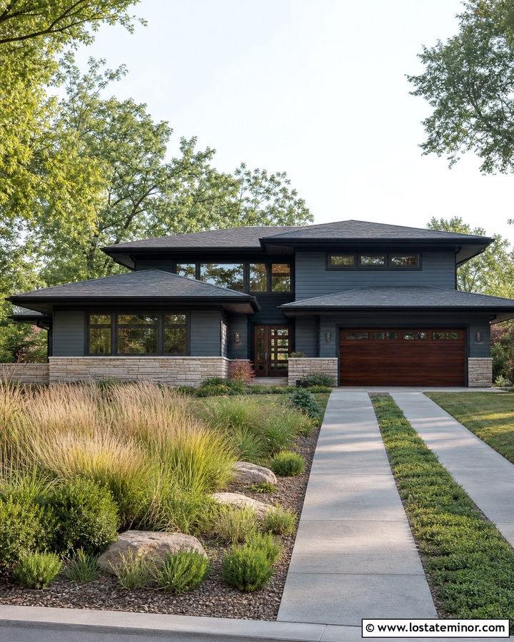 Slate Blue Prairie Home With Ribbon Driveway - 30 Slate Blue House Design With Driveway Ideas
