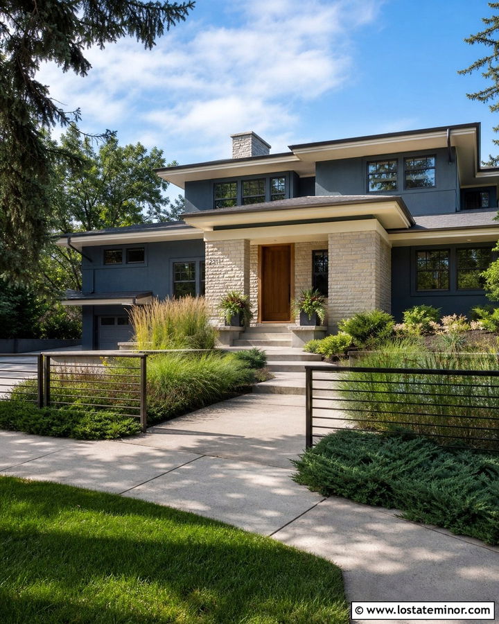 Slate Blue Prairie House With Bronze Fence - 30 Slate Blue House Design With Fence Ideas