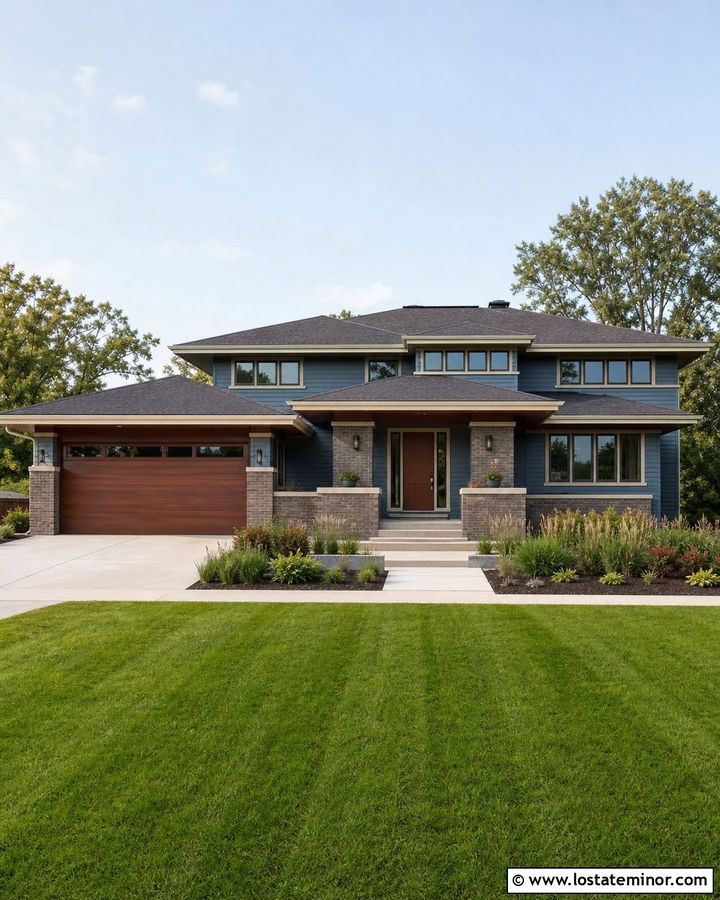 Slate Blue Prairie House With Copper Brown Garage Door - 30 Slate Blue House Design With Garage Door Ideas