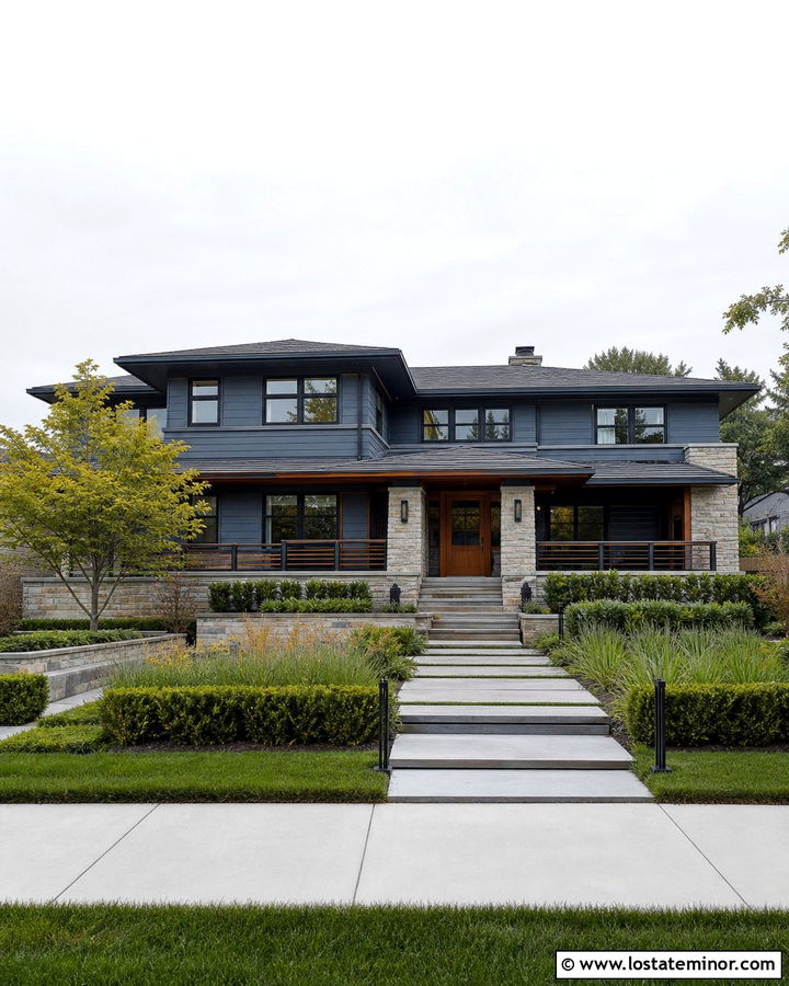 Slate Blue Prairie House With Horizontal Railings - 30 Slate Blue House Design With Railings Ideas