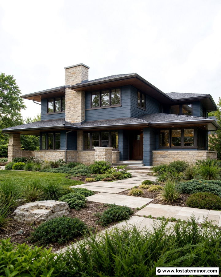 Slate Blue Prairie House With Limestone And Low Planting - 30 Slate Blue House Design With Front Yard Ideas