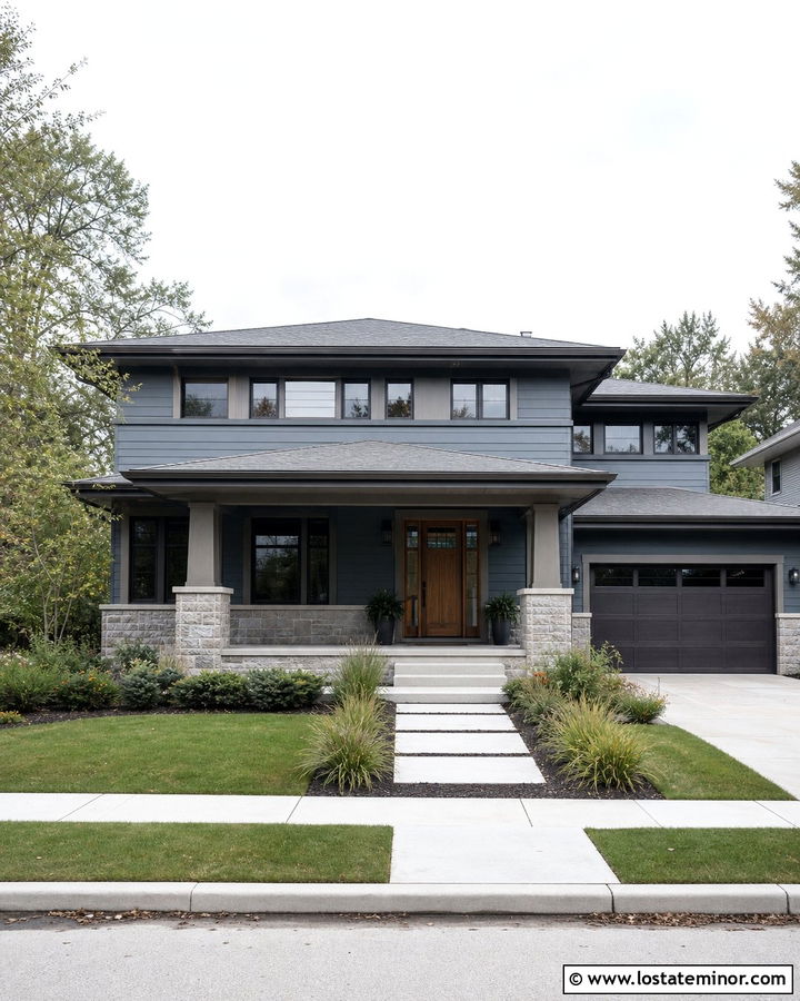 Slate Blue Prairie House With Low Portico - 30 Slate Blue House Design With Portico Ideas