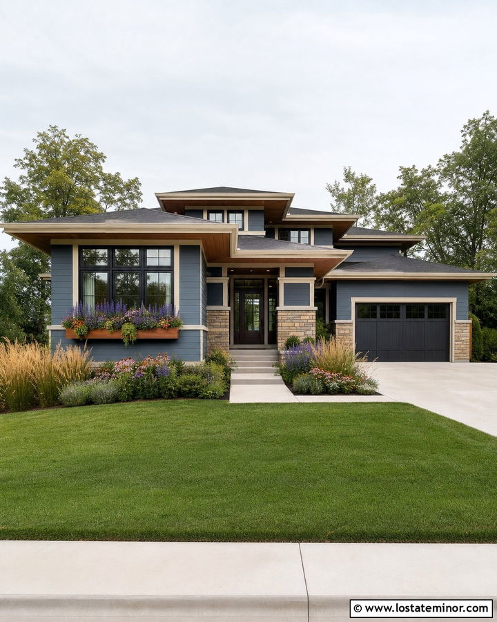 Slate Blue Prairie House With Pollinator Window Boxes - 30 Slate Blue House Design With Window Boxes Ideas