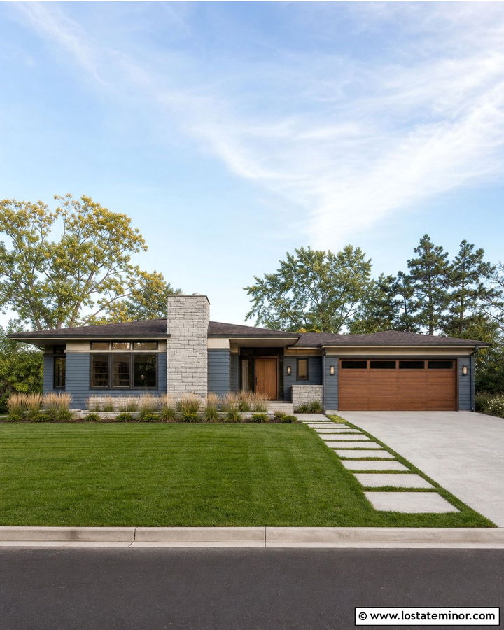 Slate Blue Prairie House With Wide Stone Chimney - 30 Slate Blue House Design With Chimney Ideas