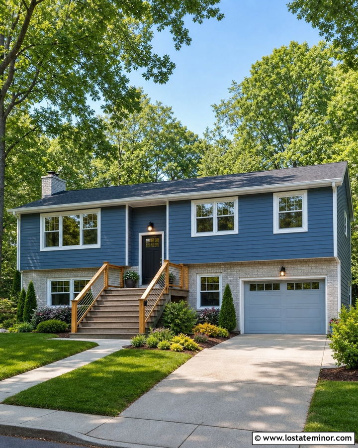 Slate Blue Raised Ranch With Blue Gray Garage Door - 30 Slate Blue House Design With Garage Door Ideas