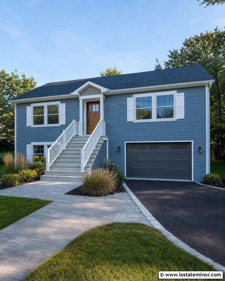 Slate Blue Raised Ranch With White Stair Railings - 30 Slate Blue House Design With Railings Ideas