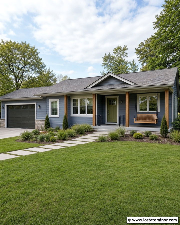 Slate Blue Ranch House With Bench Swing - 30 Slate Blue House Design With Swing Ideas