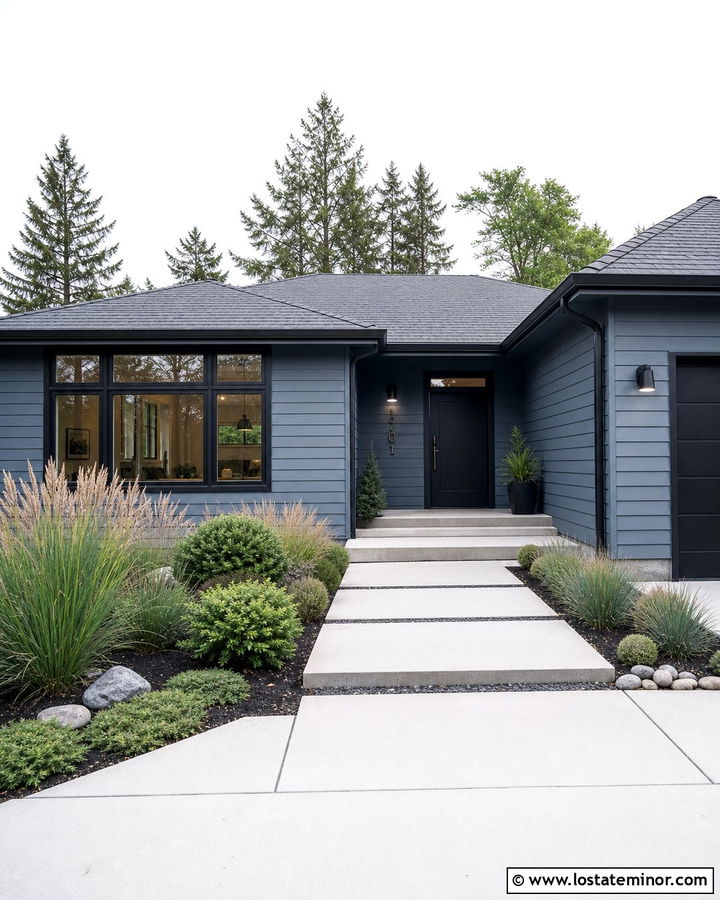 Slate Blue Ranch House With Black Trim And Modern Landscaping - 30 Slate Blue House Design With Front Yard Ideas