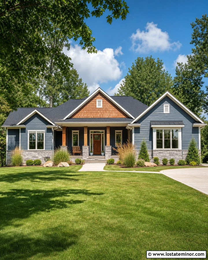 Slate Blue Ranch House With Cedar Shake Entry - 30 Slate Blue House Design With Cedar Shake Ideas