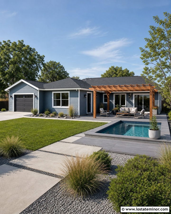 Slate Blue Ranch House With Small Backyard Pool - 30 Slate Blue House Design With Swimming Pool Ideas