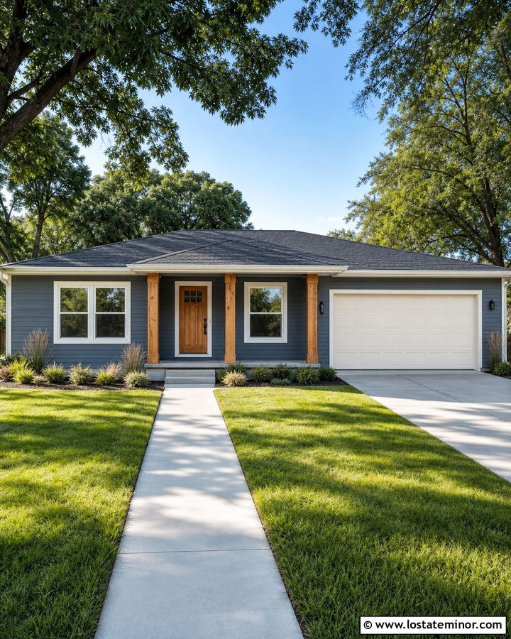 Slate Blue Ranch House With White Garage - 30 Slate Blue House Design With Siding Ideas