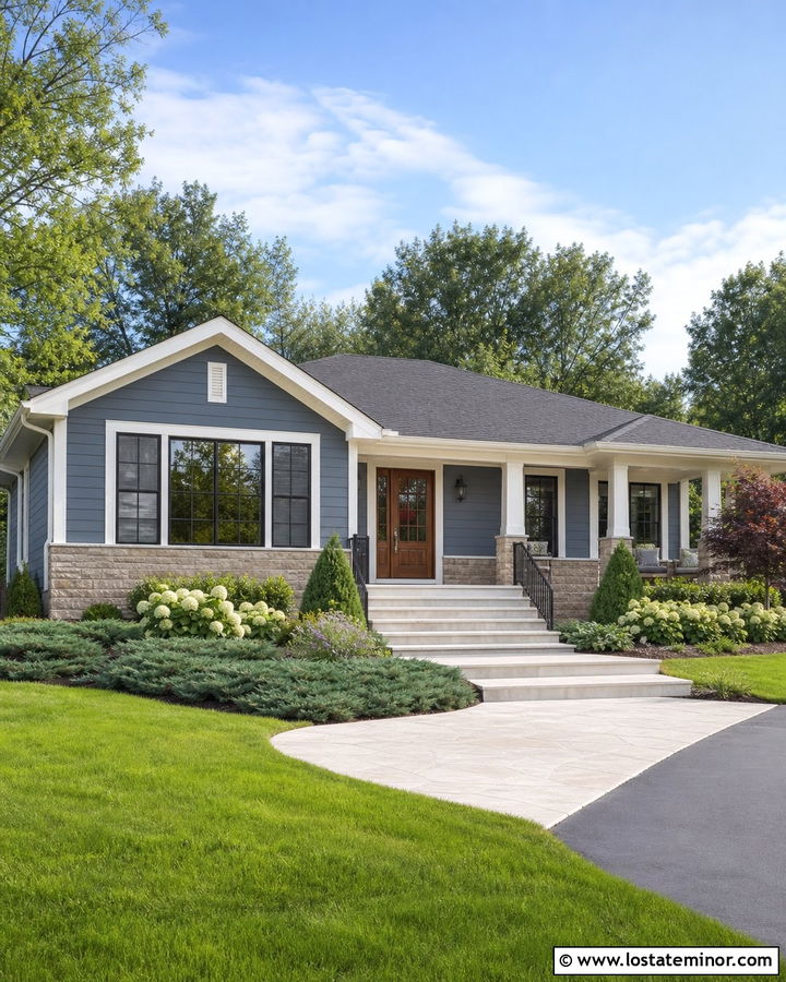 Slate Blue Ranch House With Wide Front Steps - 30 Slate Blue House Design With Steps Ideas