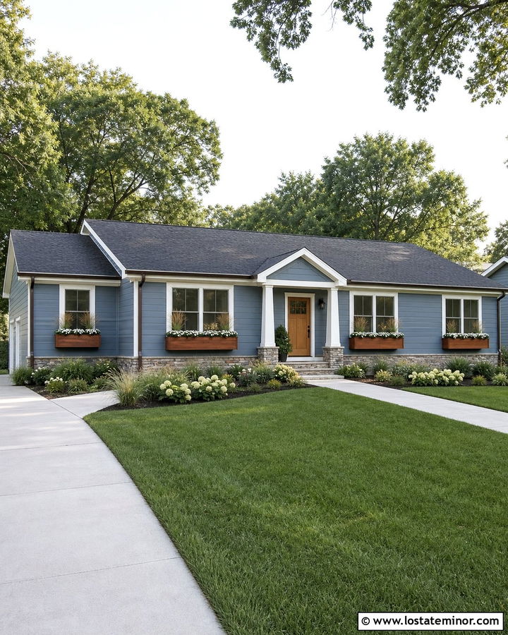 Slate Blue Ranch House With Wood Window Boxes - 30 Slate Blue House Design With Window Boxes Ideas