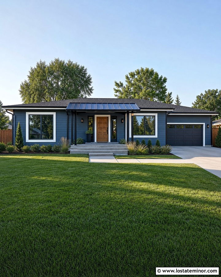 Slate Blue Ranch With Black Metal Portico - 30 Slate Blue House Design With Portico Ideas