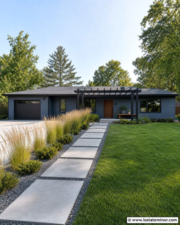Slate Blue Ranch With Black Pergola - 30 Slate Blue House Design With Pergola Ideas