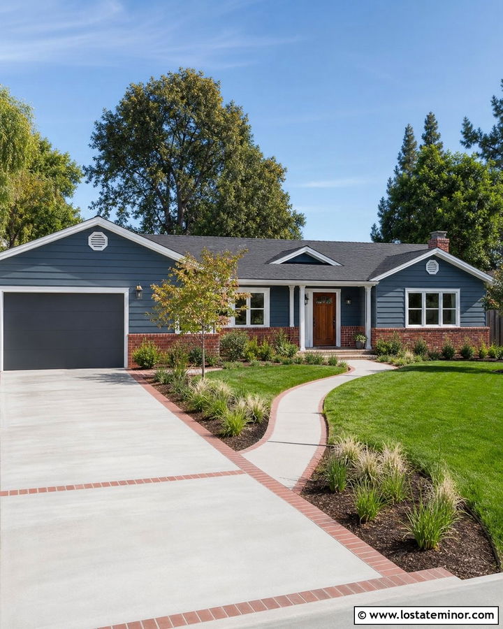 Slate Blue Ranch With Brick Edged Driveway - 30 Slate Blue House Design With Driveway Ideas
