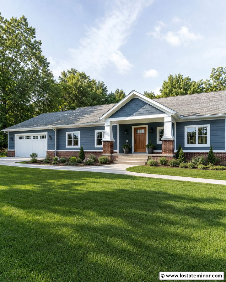 Slate Blue Ranch With Brick Porch Columns - 30 Slate Blue House Design With Porch Columns Ideas