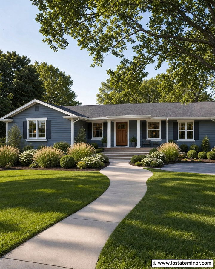Slate Blue Ranch With Curved Concrete Walkway - 30 Slate Blue House Design With Walkway Ideas