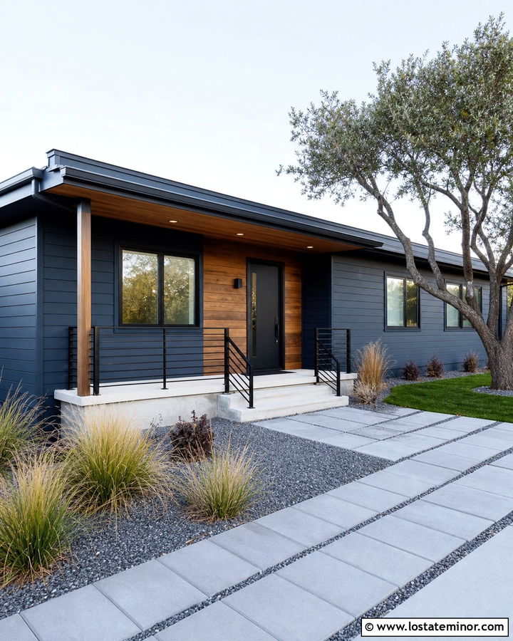Slate Blue Ranch With Horizontal Metal Railings - 30 Slate Blue House Design With Railings Ideas